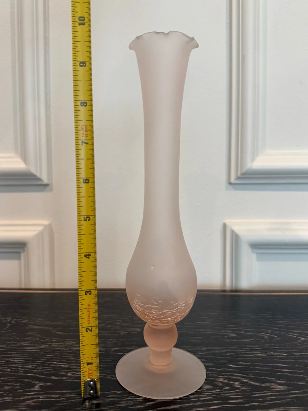 Vintage Pink Frosted Fluted Vase Ruffled Top Crackle Glass